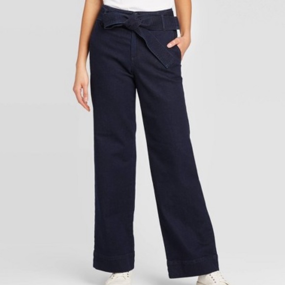 Wide Leg Denim Tie Belt Pants 